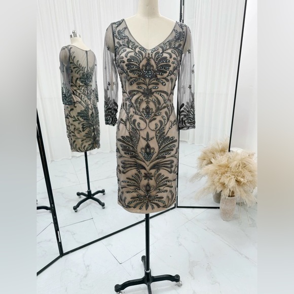 AIRE mother of bride dress gray long-sleeved embroidered sequin slim dress - Picture 2 of 8